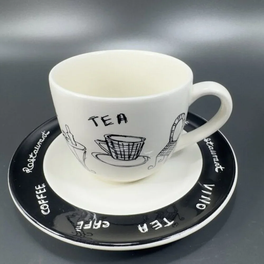 Pier 1 ENGLAND ANGLETERRE Ceramic Teacup And‎ Saucer Set Vino Coffee Black White